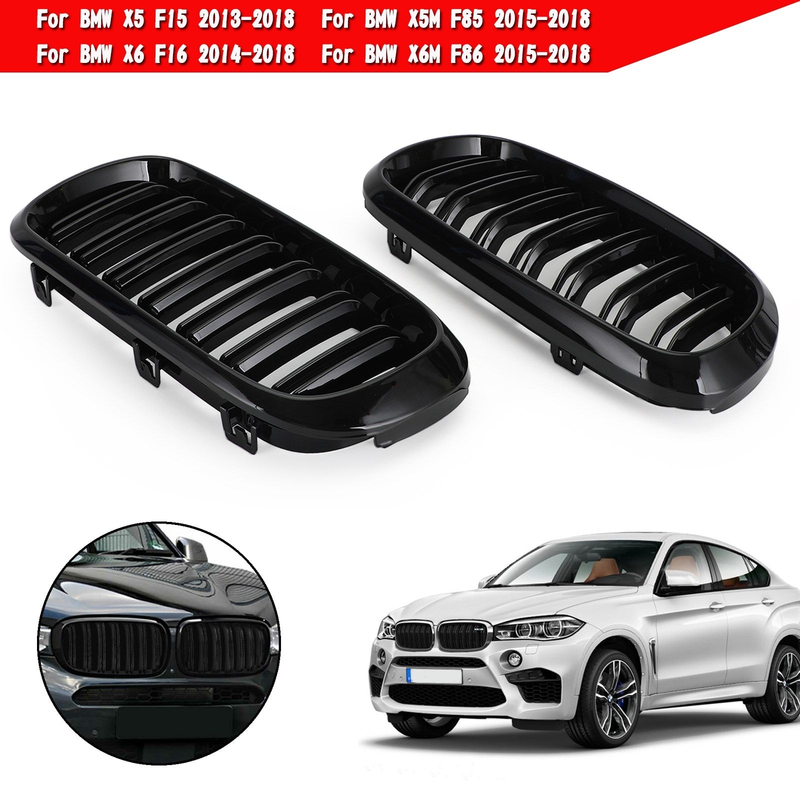 PALASER Gloss Black Dual Front Kidney Grille Fit BMW X5M F85 X6M F86 X5 F15 X6 F16 13-18 - Image 5