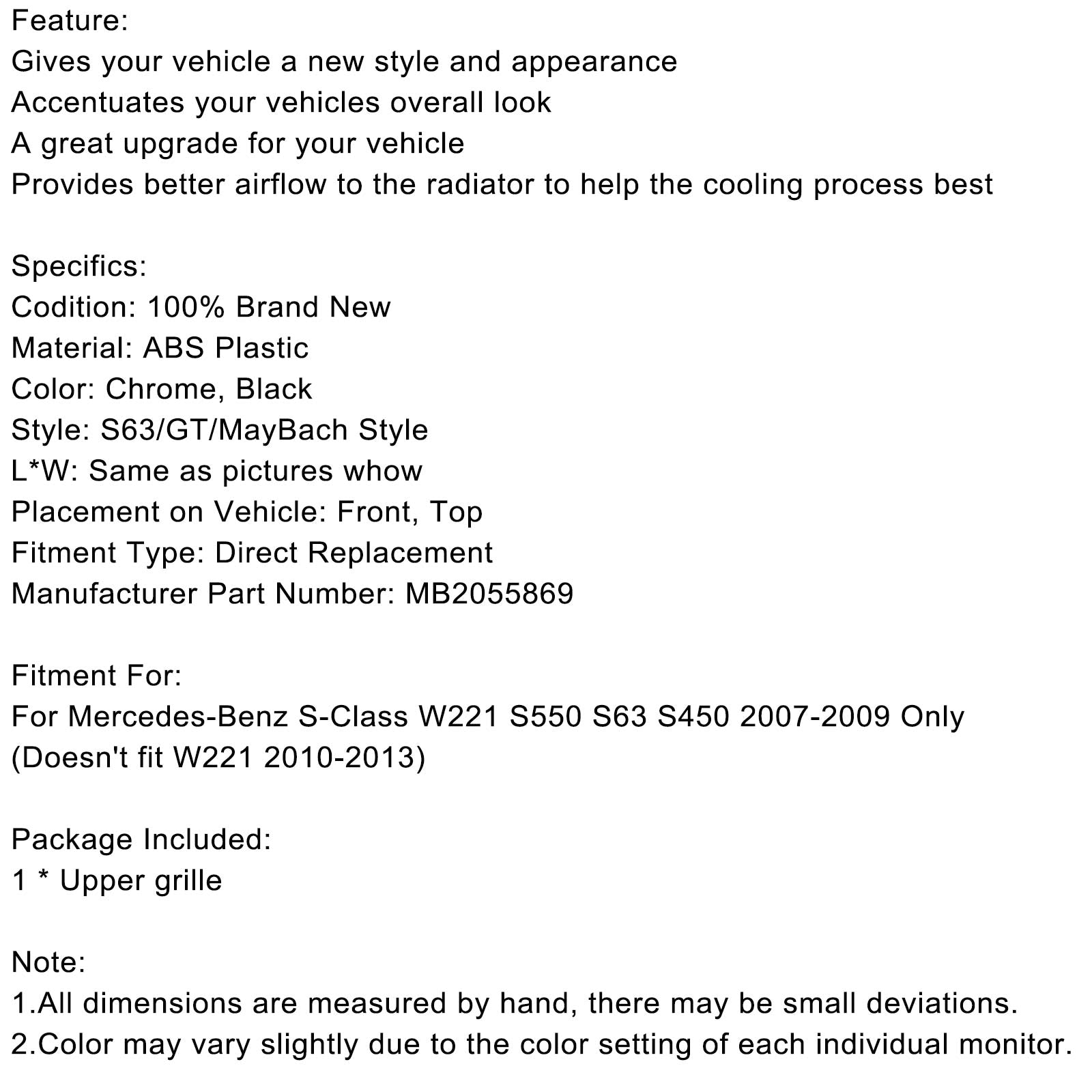 PALASER 2007-2009 Benz S-class W221 S550 S63 S450 Maybach Style MB2055869 Grille Grill Chrome - Image 13