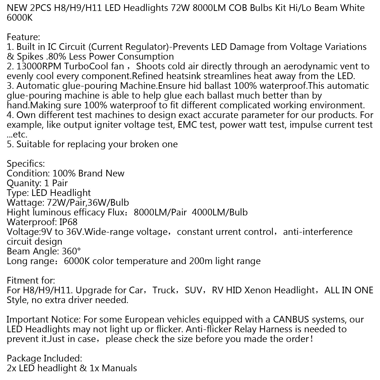 PALASER 2xH8/H9/H11 All-in-one S2 LED Headlight 72W 8000LM Cob Bulb Hi/lo Beam 6000K - Image 12