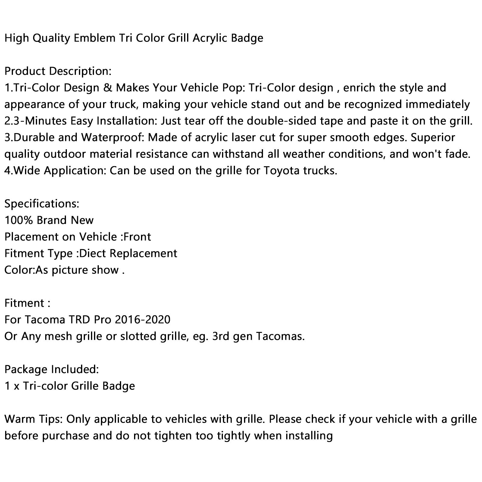 PALASER Tri-color Badge Front Grille Decal Sticker For Tacoma Trd Pro 2016-2020 - Image 11