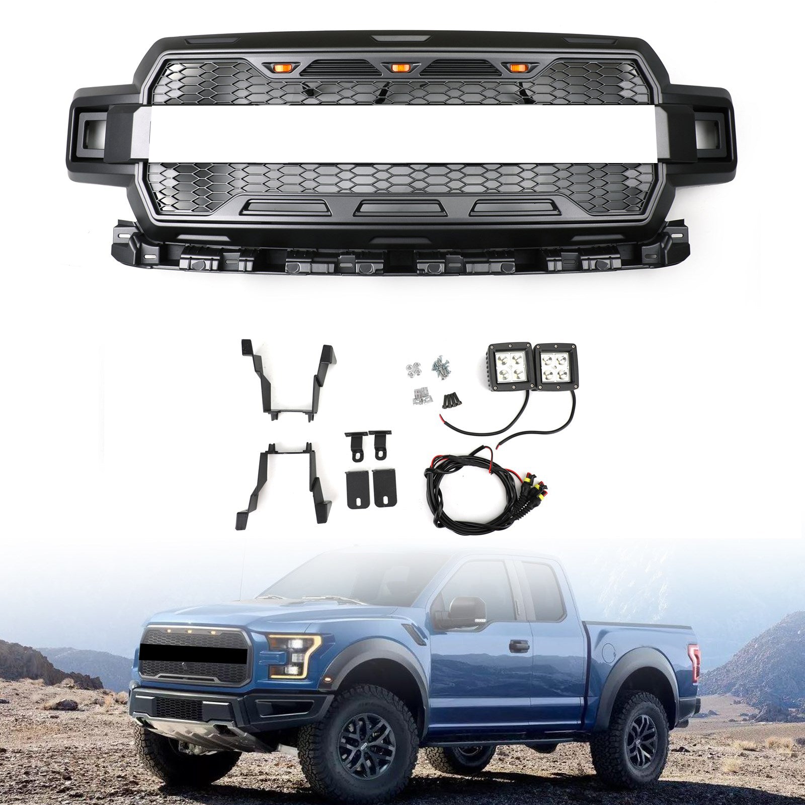 PALASER F150 2018-2020 Raptor Style Honeycomb Grill With Amber LED Grille Replacement Kit